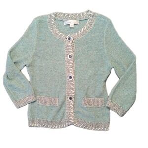 Vtg Curio L Cardigan Braided Trim Button Front Sea Foam Green Artsy Art Teacher